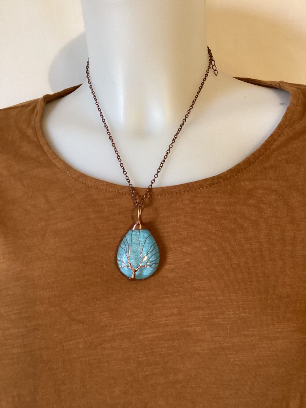 2161 Copper Wire Wound Tree of Life Natural Gemstone Chakra Water Drop Necklace